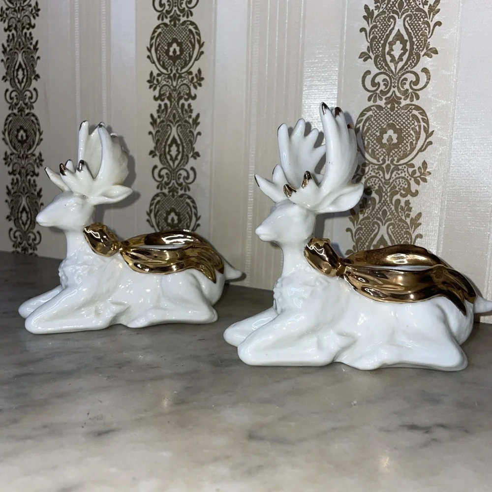 Simple Elegant Laying Deer Candle Holders Pair Porcelain Gold Details